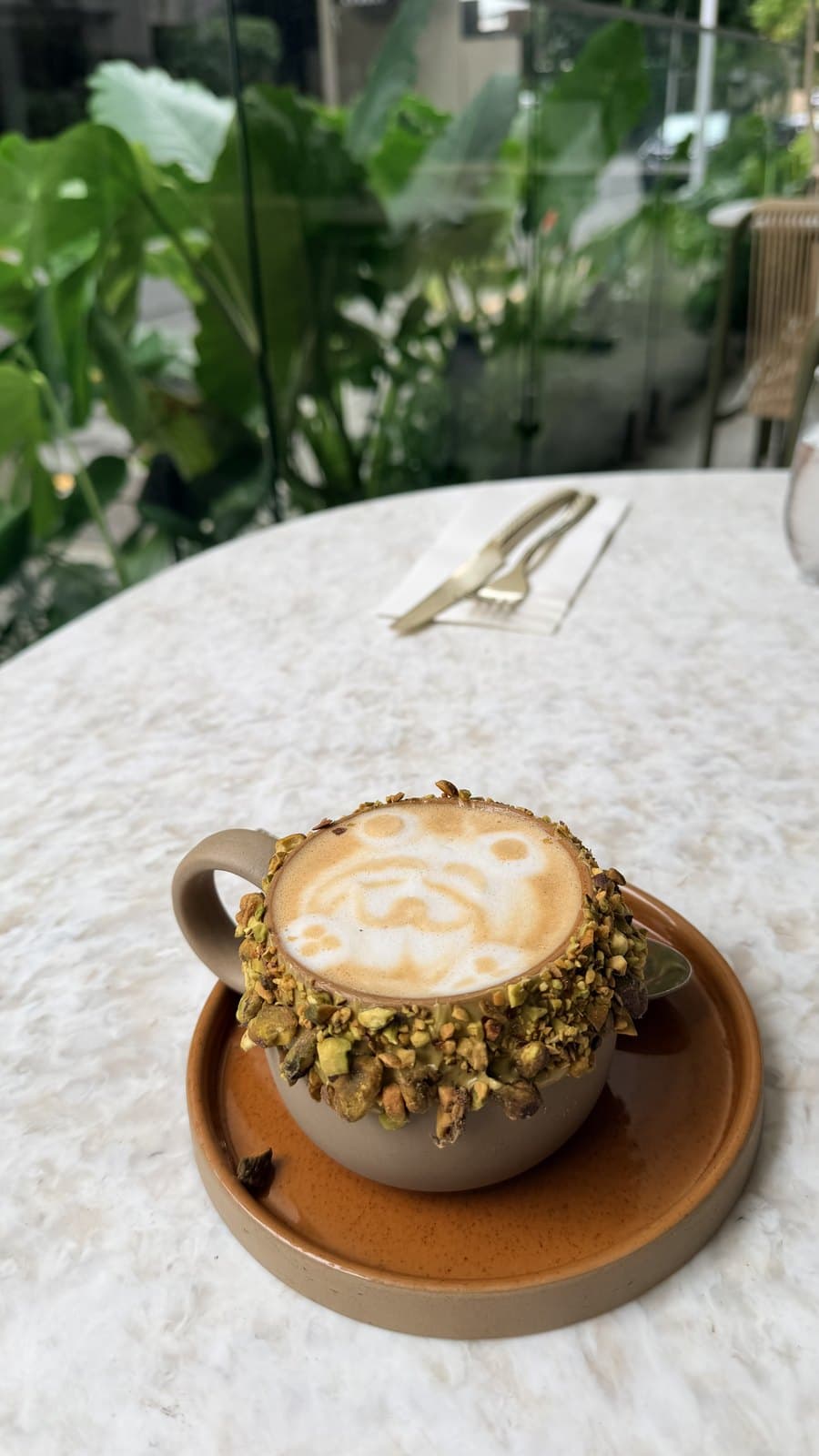 The Pistacho Coffee at Bungla Coffee House, Bella Vista, Panama City: a cappuccino in a ceramic mug rimmed with crushed pistachio, a bear's face drawn in the foam