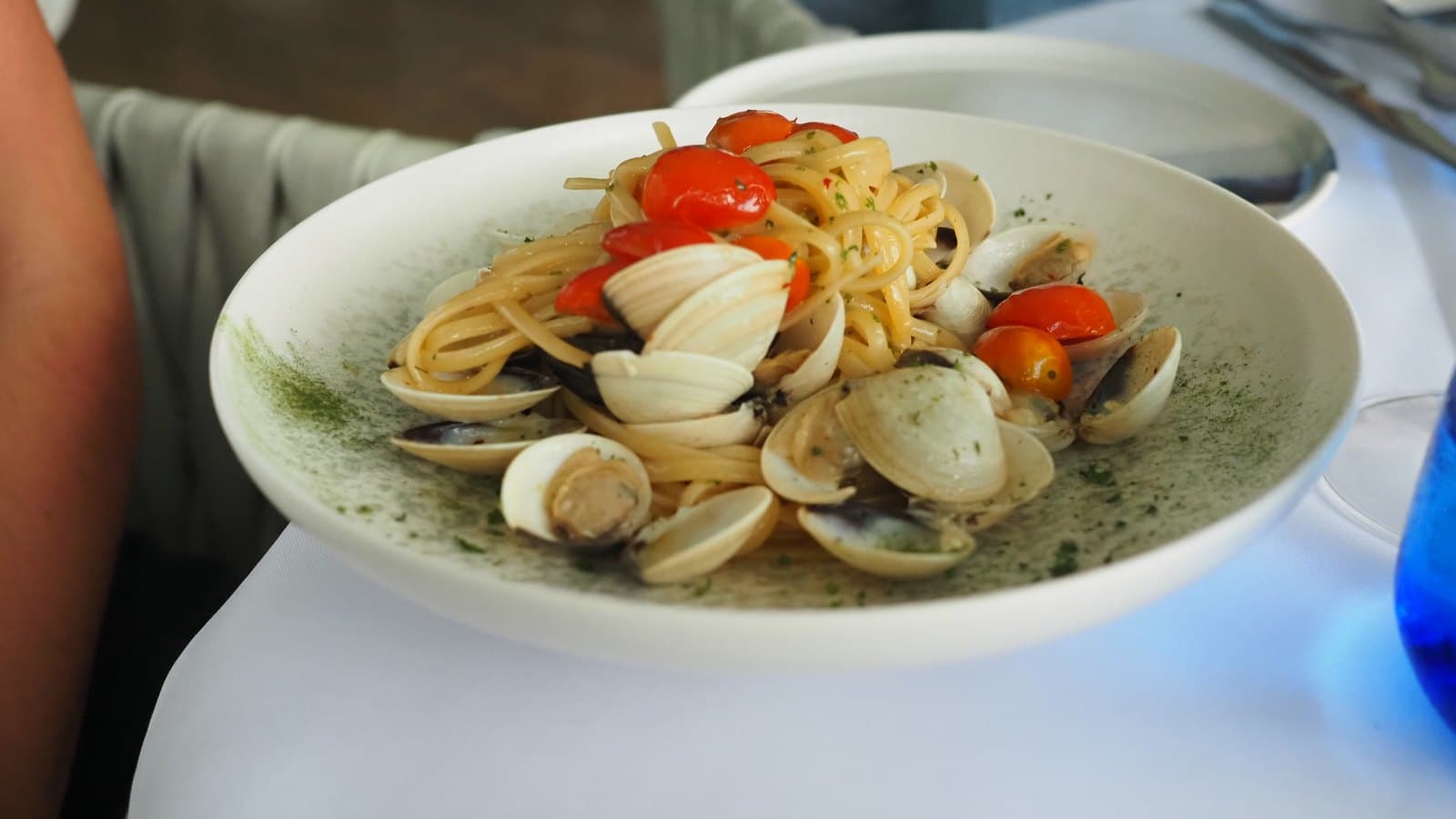 Linguine alle vongole at La Vespa Vista Mare with clams and cherry tomatoes