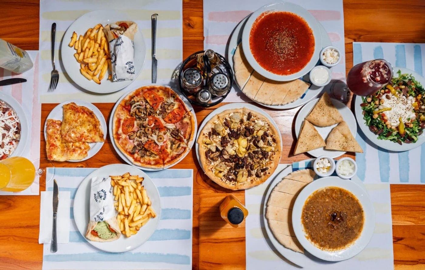 Greek pizza and gyro spread at Athens Pizza, El Cangrejo, Panama City