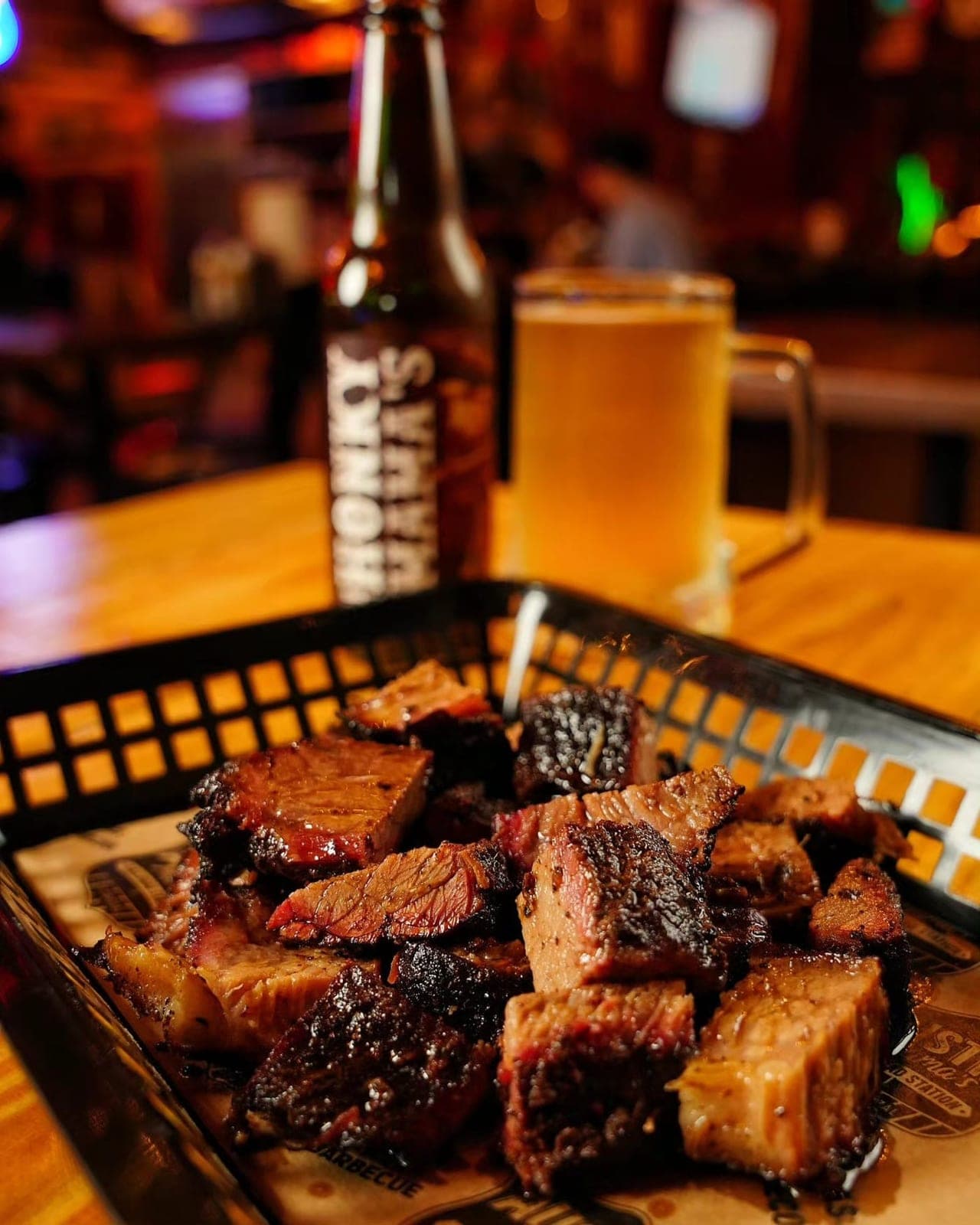 Brisket burnt ends with a beer at Austin Mama's Brisket, Costa del Este, Panama City
