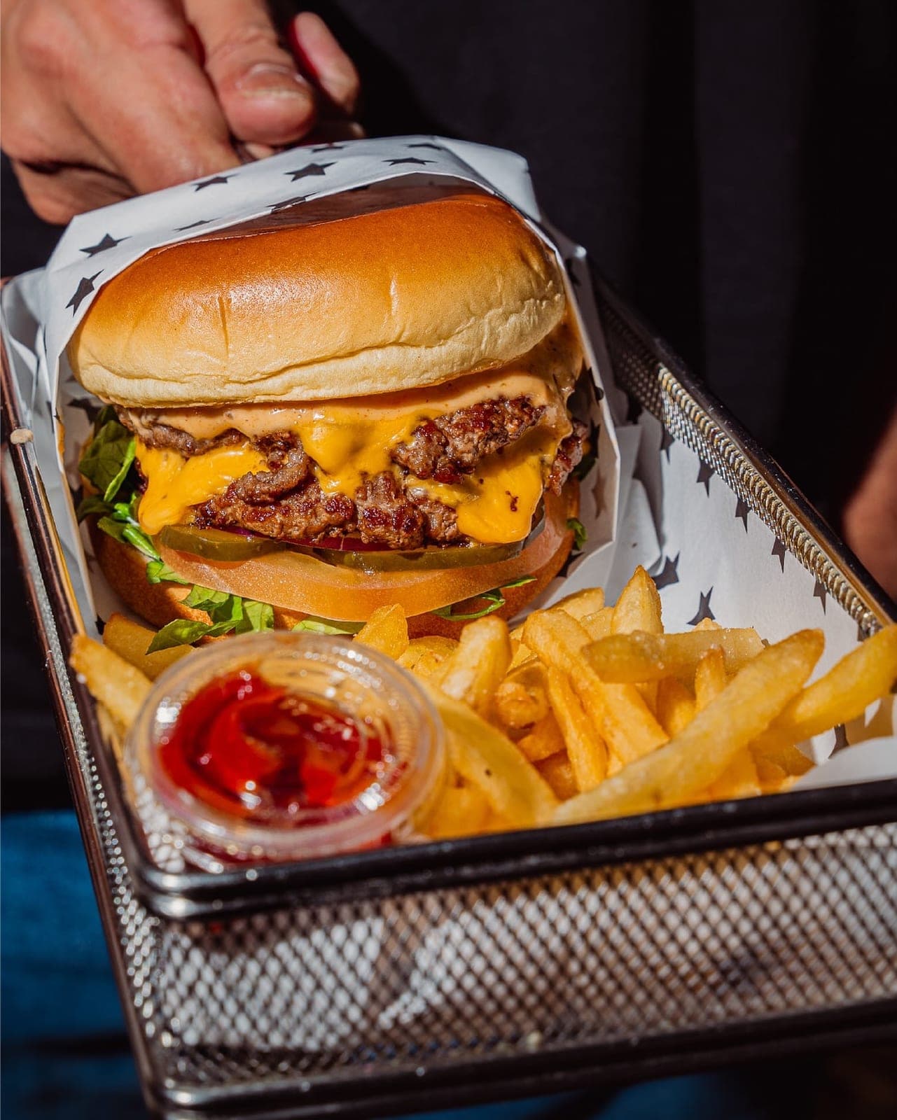 Smash burger with fries at Beauty and the Butcher, Casco Viejo, Panama City