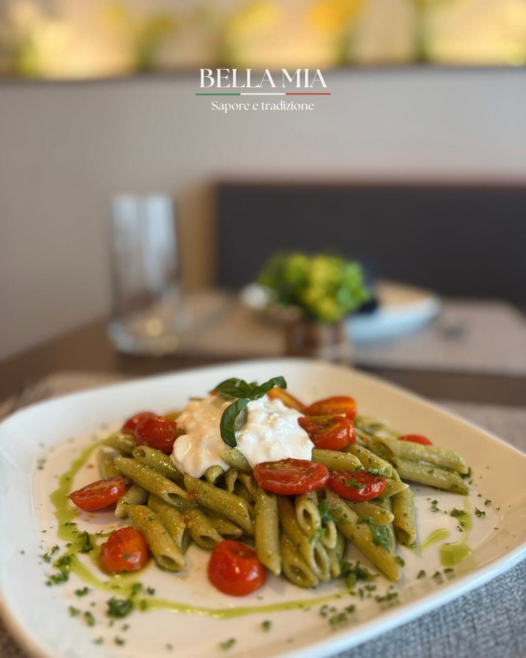 Pesto penne with burrata at Bella Mia Ristorante, San Francisco, Panama City