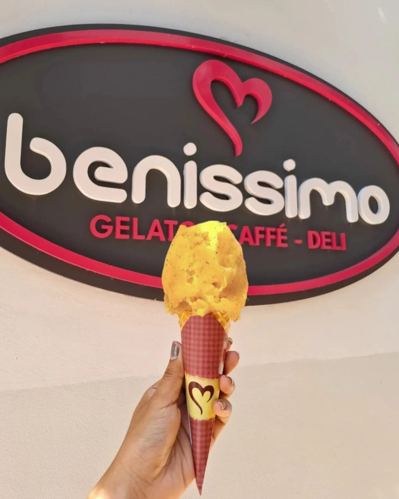 Mango gelato cone at Benissimo Gelato & Caffe, Clayton, Panama City