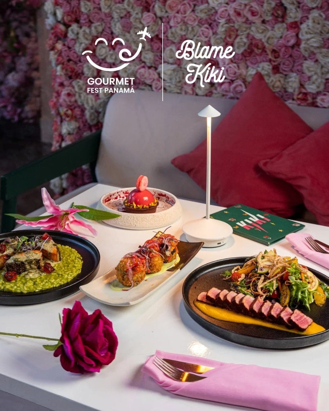 Plated Italian dishes by the rose wall at Blame Kiki, Bella Vista, Panama City