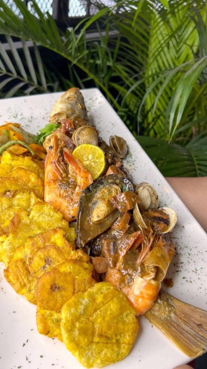 Fried corvina a lo macho with seafood at Bocas City, Pueblo Nuevo, Panama City