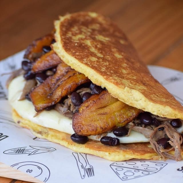 Cachapa with cheese, shredded beef and sweet plantain at Cachapas Don Luis, San Francisco, Panama City