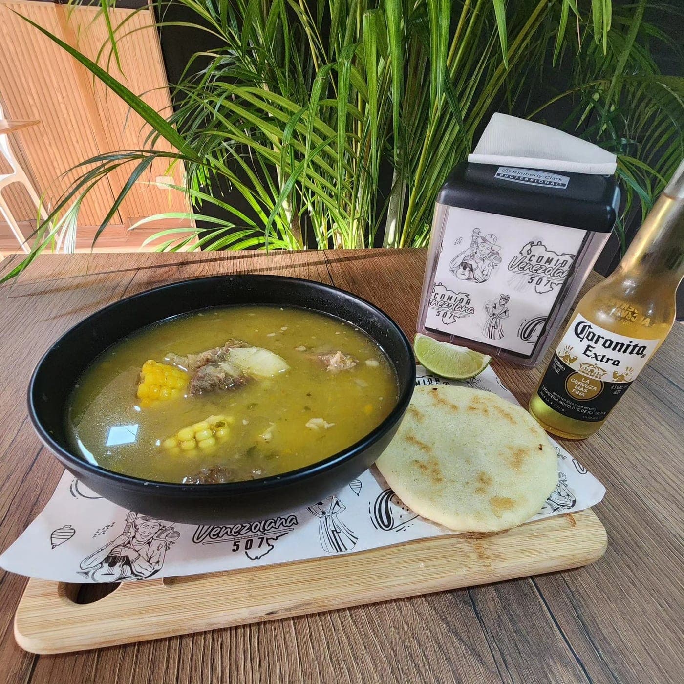 Venezuelan sancocho soup with an arepa at Comida Venezolana 507, Costa del Este, Panama City