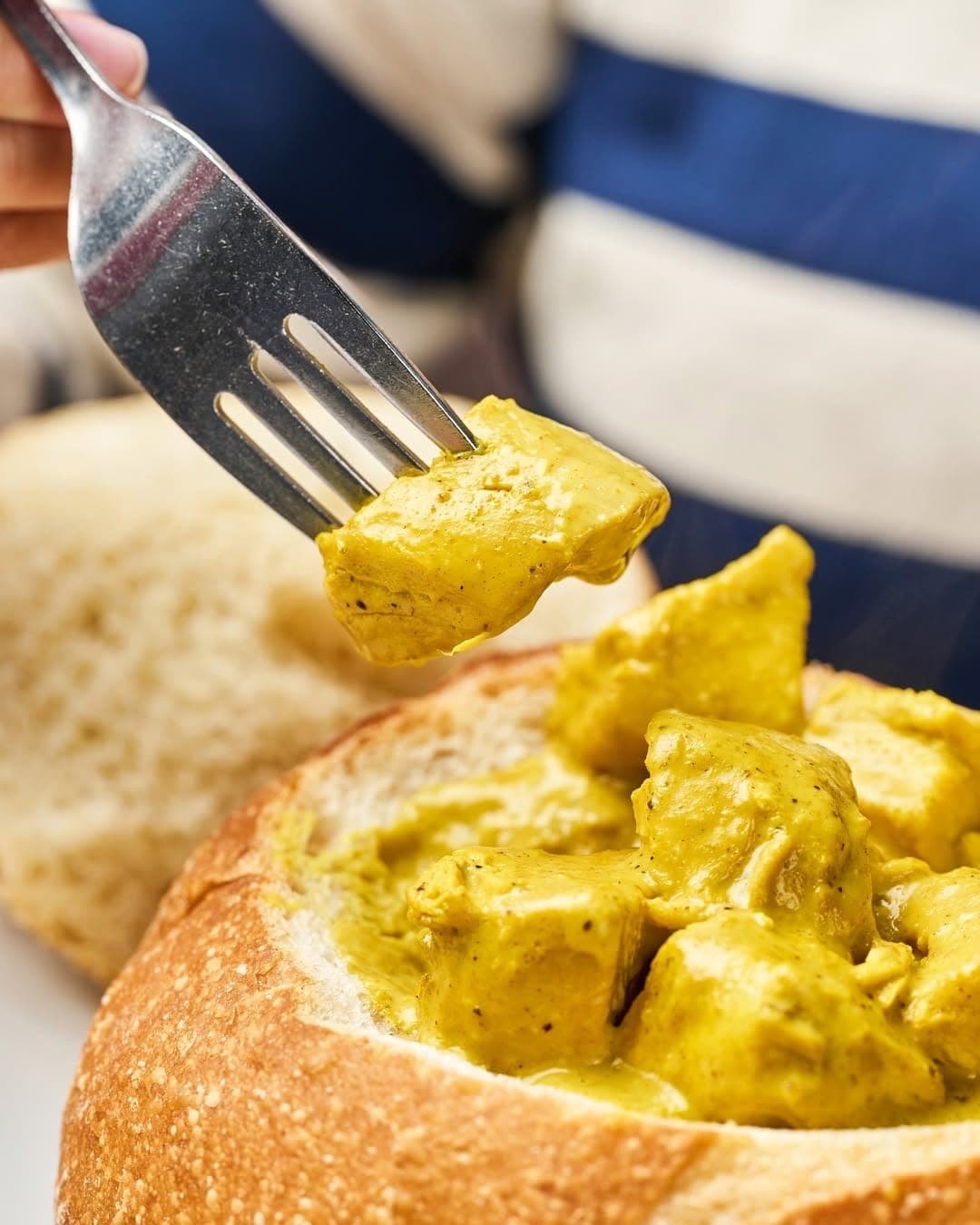 Chicken curry in a bread bowl at Crepes & Waffles, Panama City