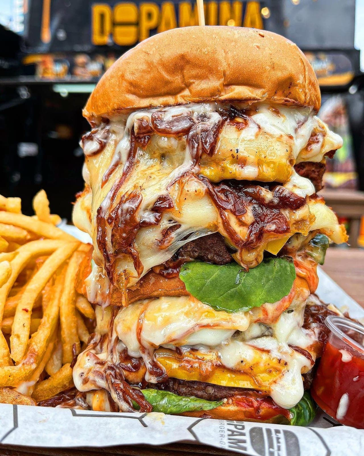 Signature stacked burger at Dopamina Grill, Panama City