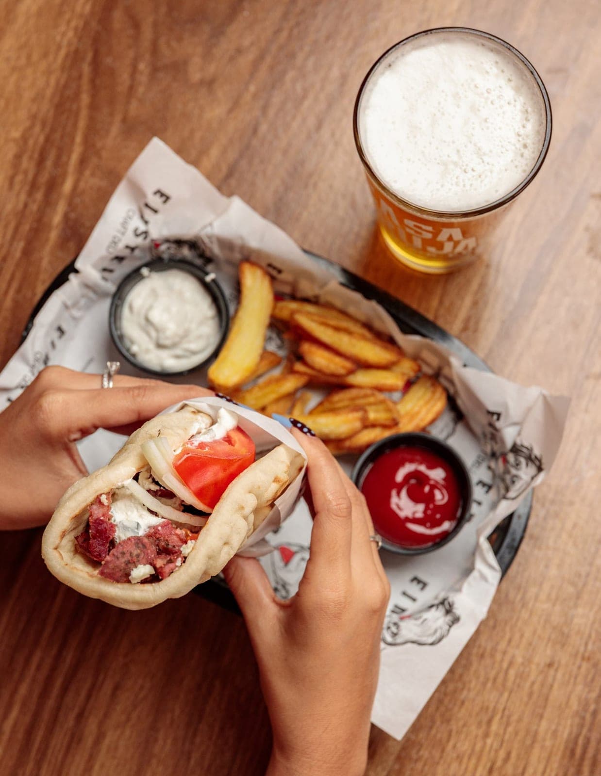 Gyro with fries and craft beer at Einstein Craft Deli, El Cangrejo, Panama City