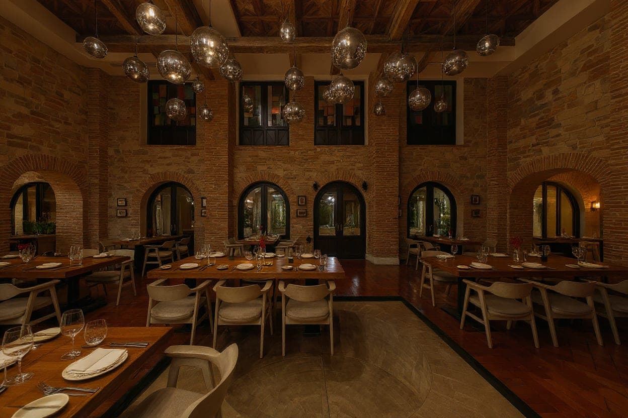 Monastery stone-and-brick dining room with vaulted ceiling and glass pendant lights at El Santuario, Casco Viejo, Panama City
