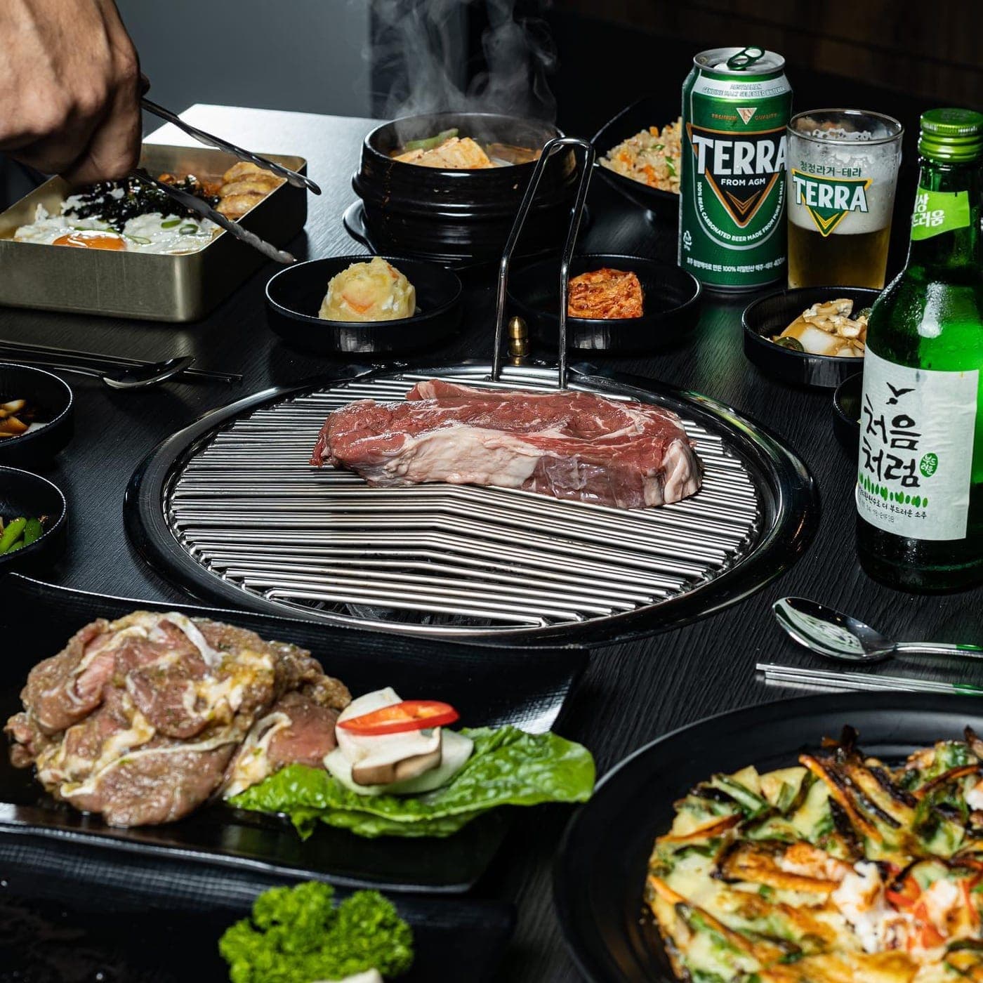 Korean BBQ spread at Hanjip Korean BBQ, Obarrio, Panama City
