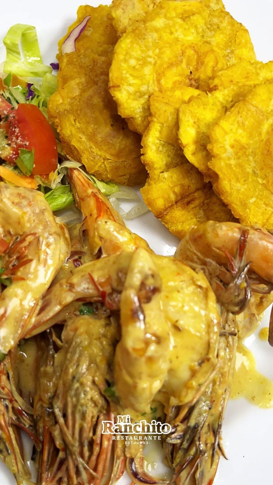 Langostinos con patacones en Mi Ranchito, Albrook, Ciudad de Panamá