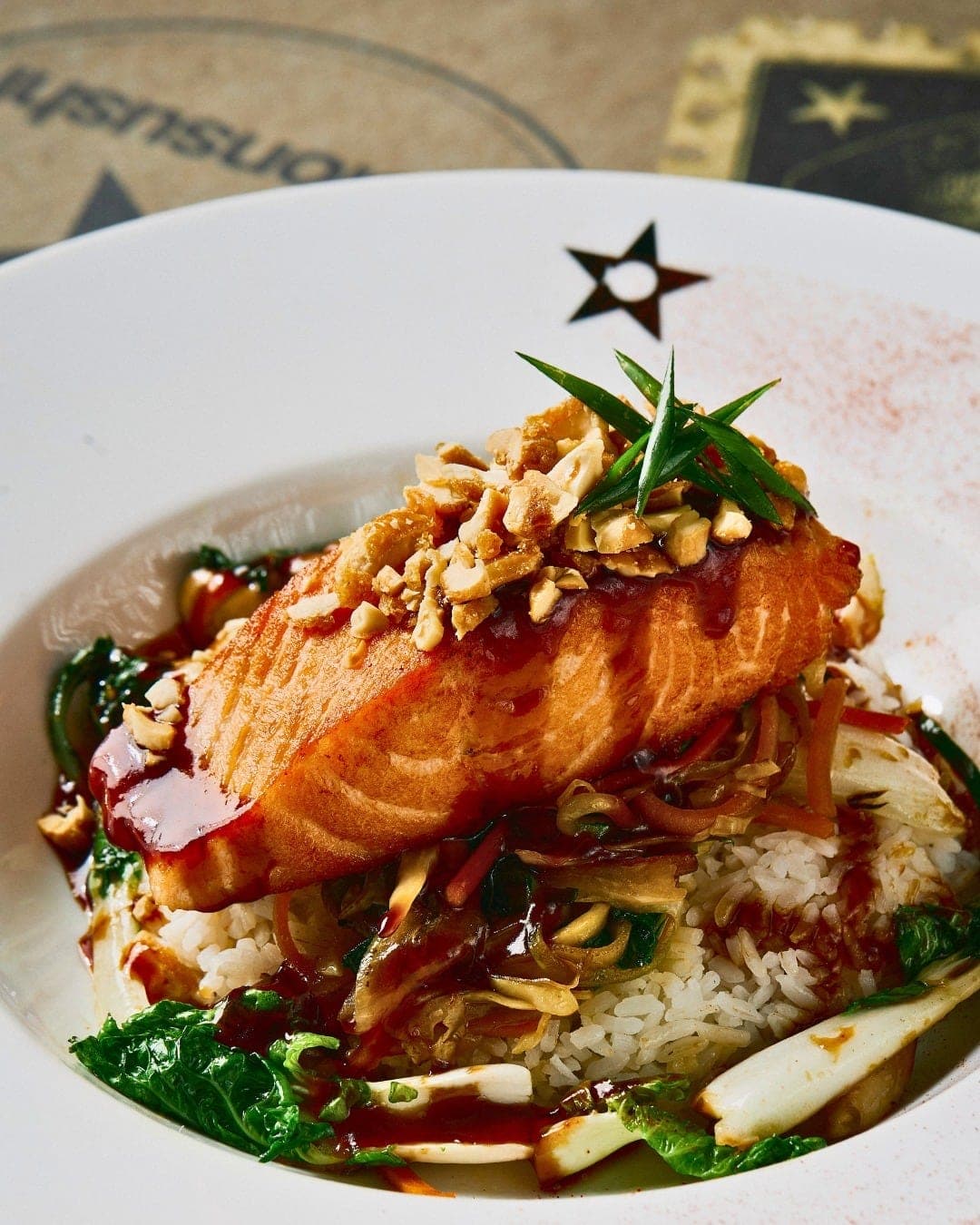 Glazed salmon over rice and vegetables at Nacionsushi, Costa del Este, Panama City