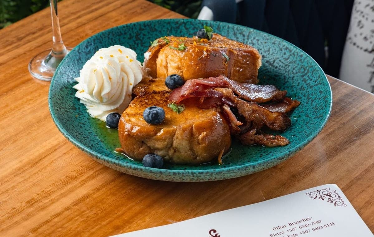 French toast, bacon and a mimosa at Petit Paris, Costa del Este, Panama City