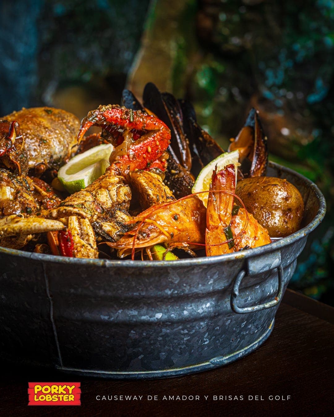 Seafood boil bucket with crab, lobster and shrimp at Porky Lobster, Amador, Panama City