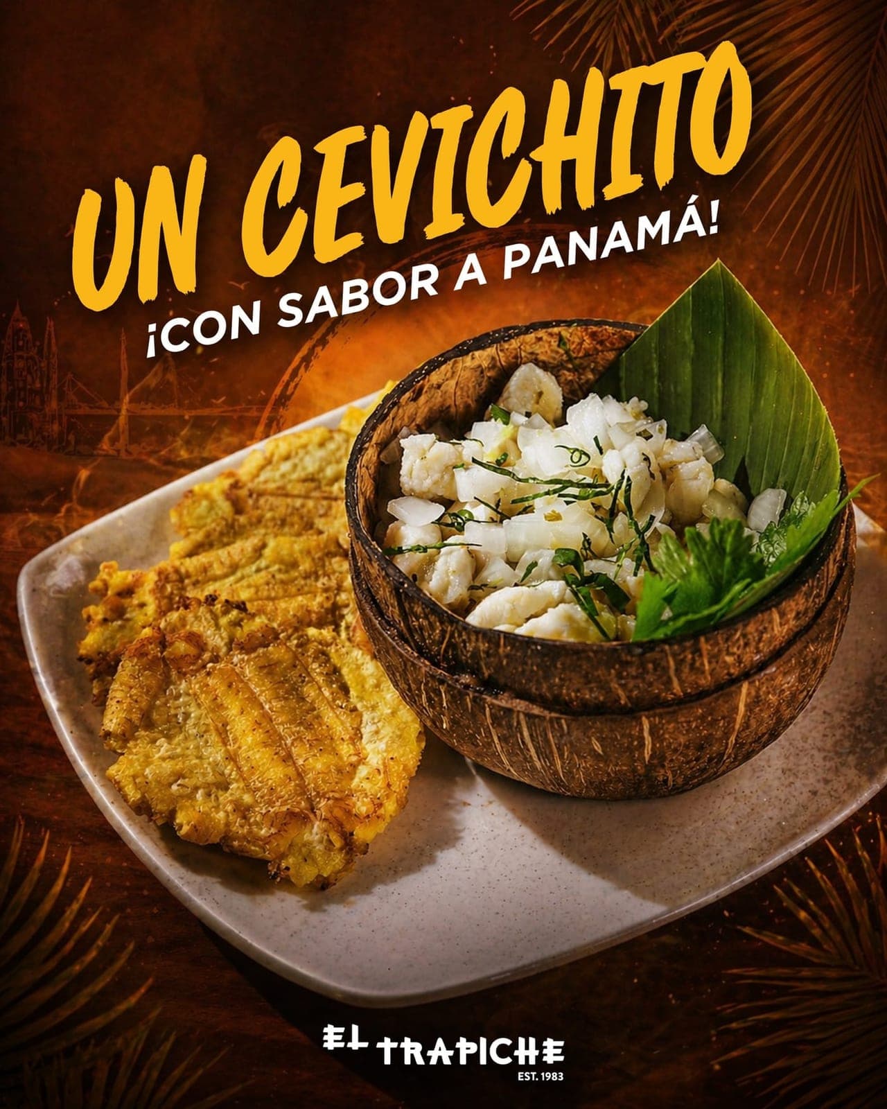 Panamanian ceviche in a coconut shell with patacones at El Trapiche, Bella Vista, Panama City