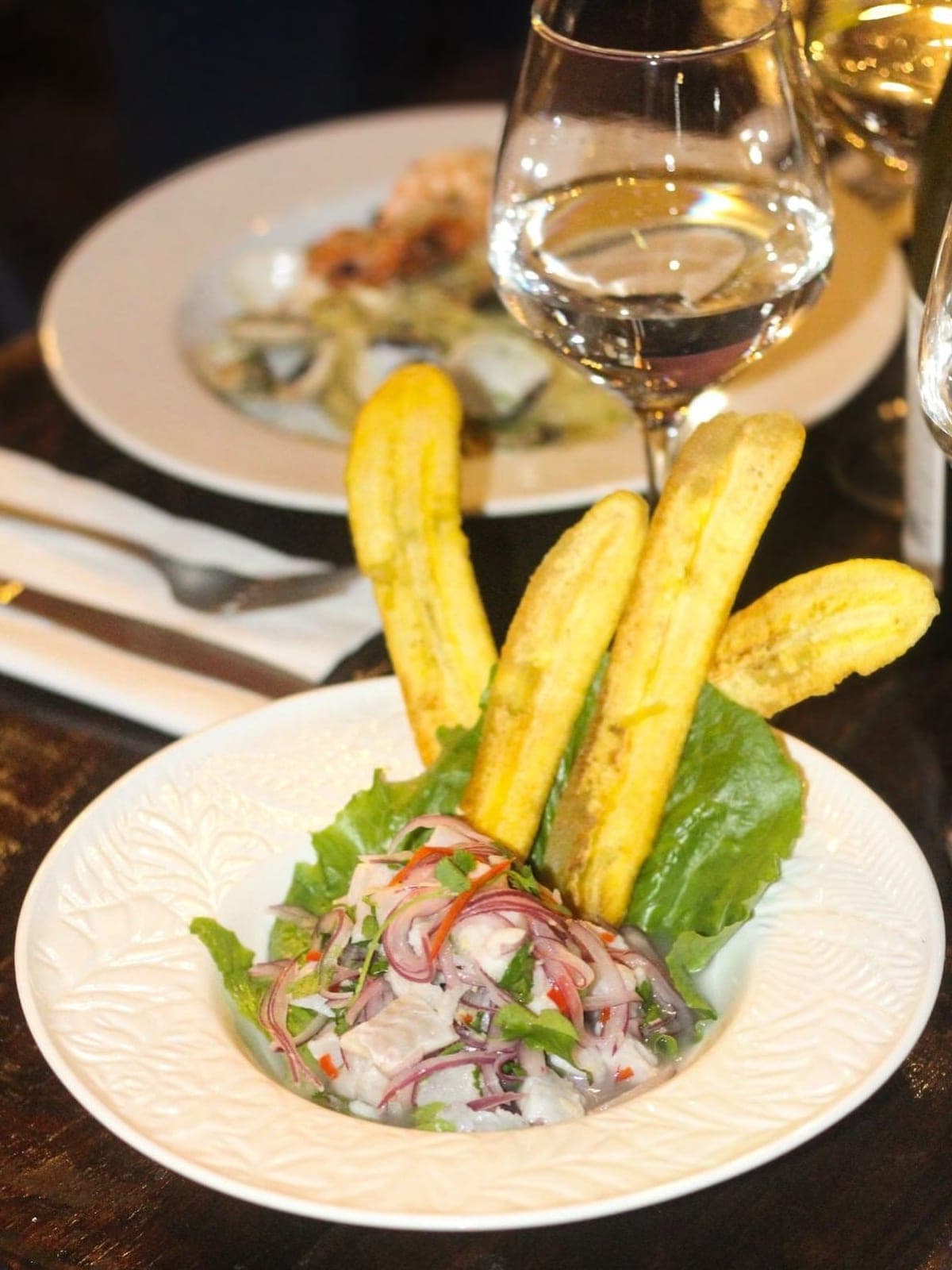 Corvina ceviche with plantain sticks at La Casona, Casco Antiguo, Panama City