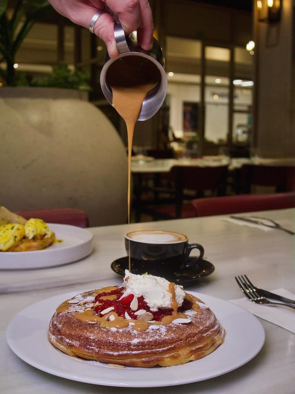 Souffle pancake with dulce de leche at Saquella Espresso Club, Town Center, Costa del Este, Panama City