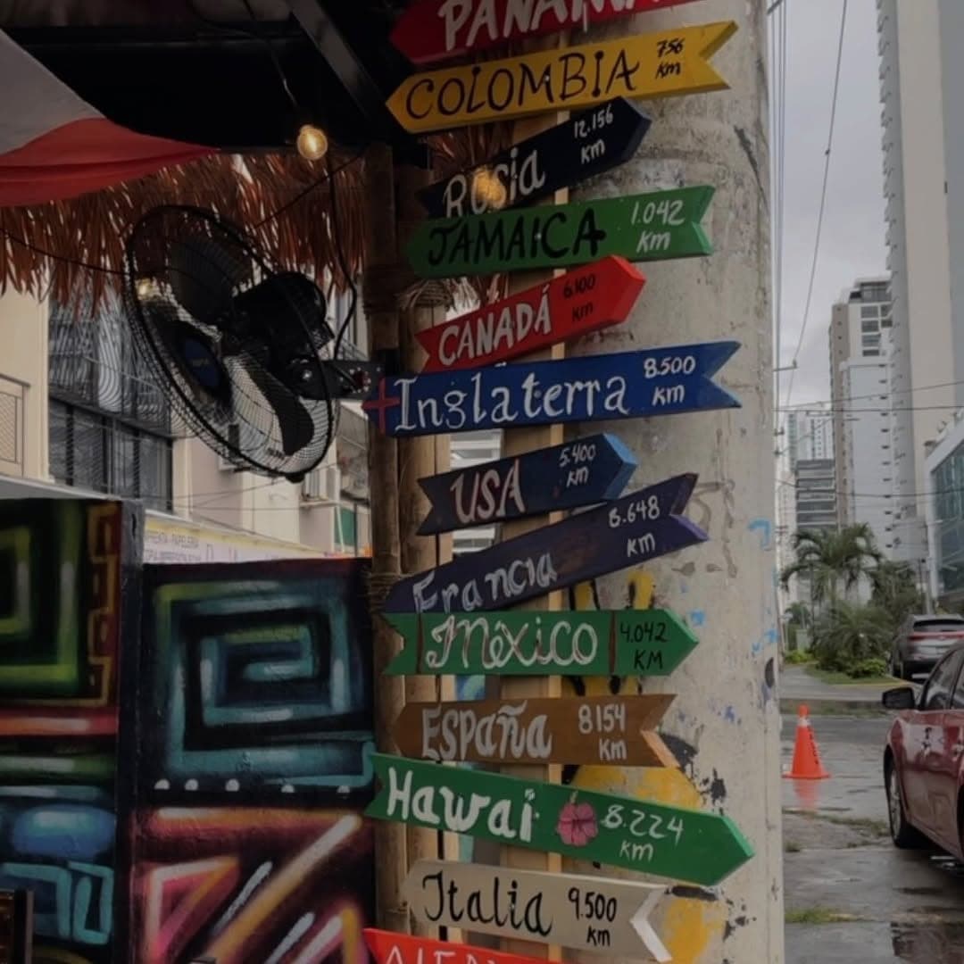 Signpost at the entrance of Sunset House Beach Bar, Casco Antiguo, Panama City