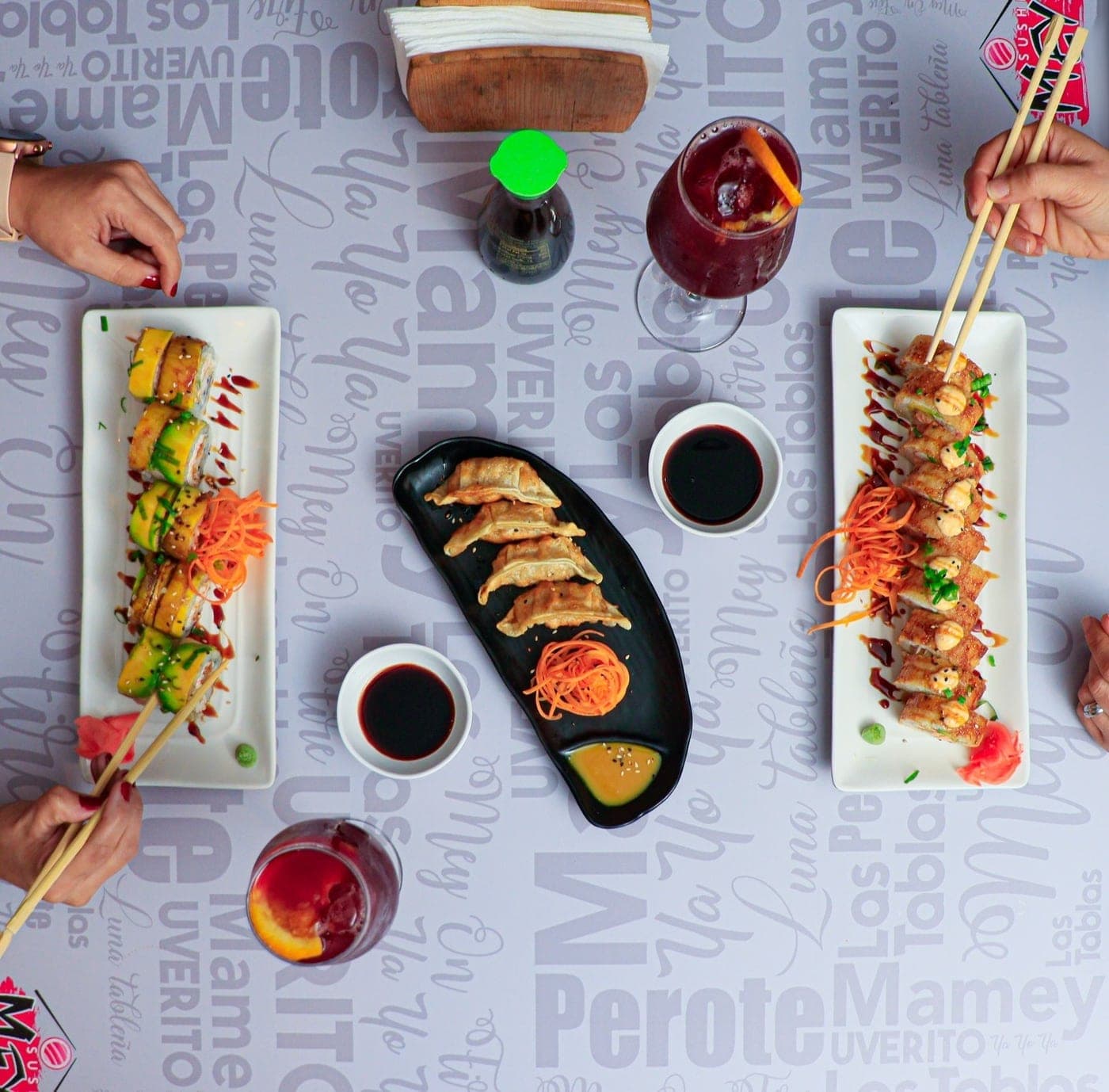 Sushi rolls and gyozas at Sushi Mey, Panama City