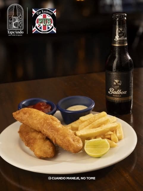 Fish and chips with a Balboa beer at The Londoner Pub & Restaurant, Bella Vista, Panama City